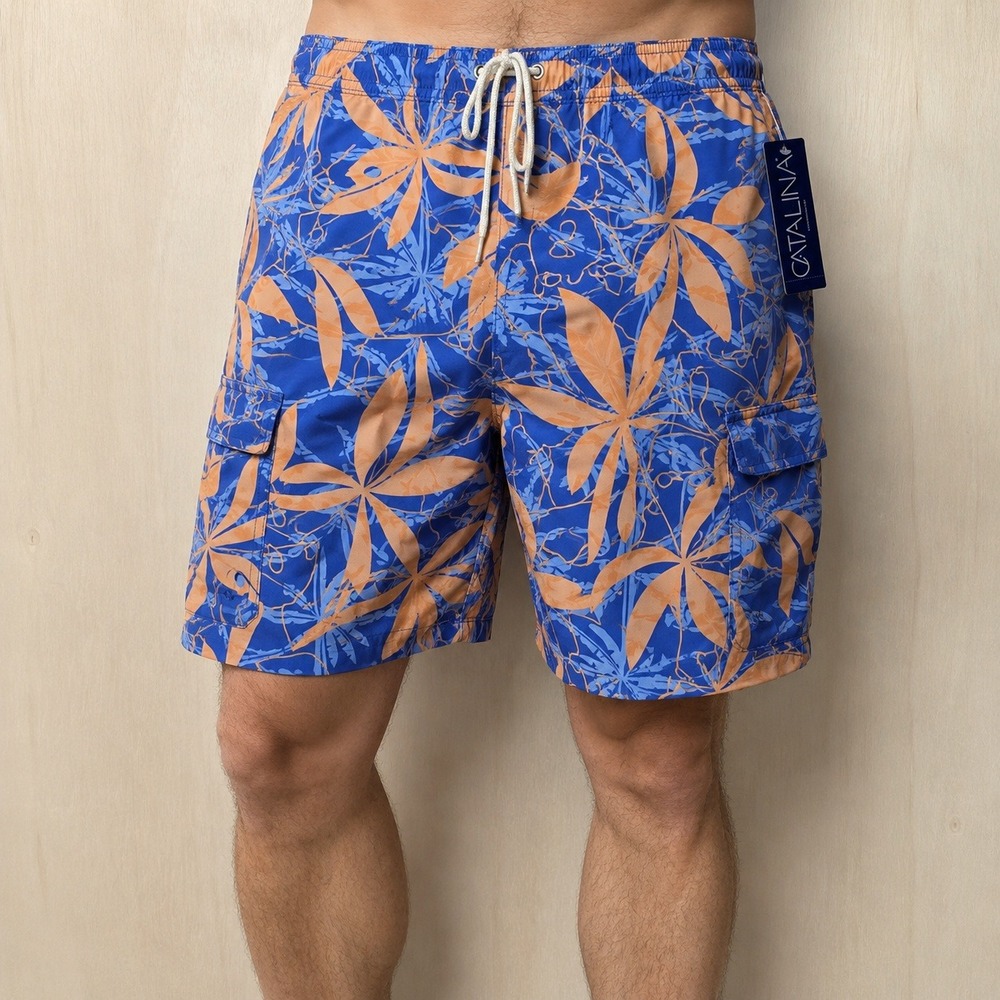 Catalina Mens Blue‎ Orange Tropical Floral Cargo Board Shorts Swim Trunks Large